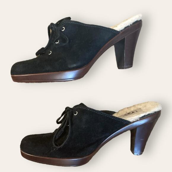 UGG AustrianWitchy Black Suede Block Heel Mules size 6.5 - Picture 3 of 6